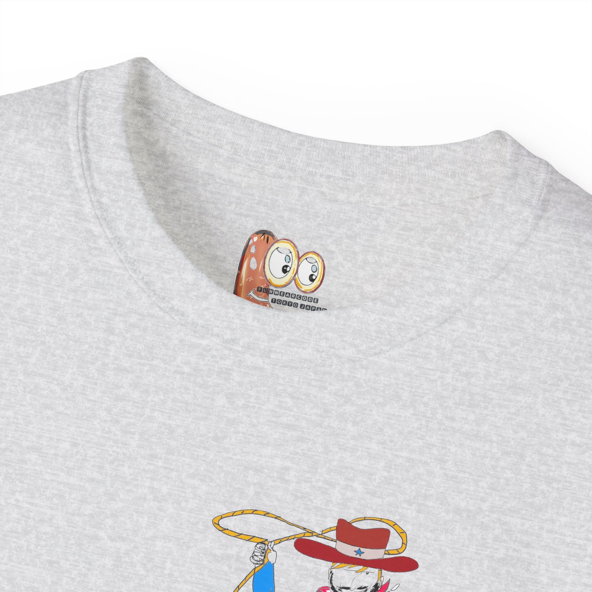 Close-up of a gray t-shirt with a Funwearcode graphic design inner label on collar area