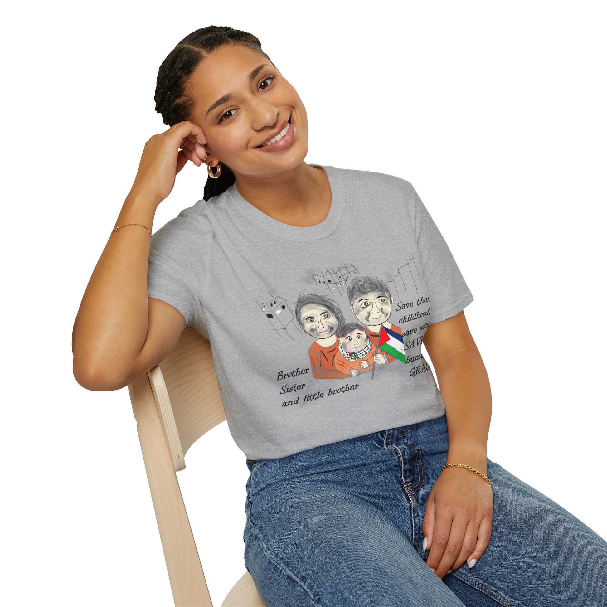 Front view of a woman model wearing a gray t-shirt with a Palestinians support graphic design sitting on a chair