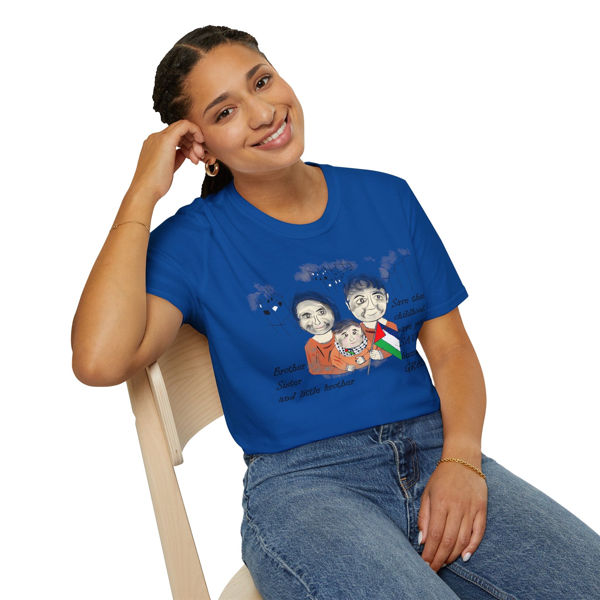Front view of a woman model wearing a blue t-shirt with a Palestinians support graphic design, sitting on a chair against a white background
