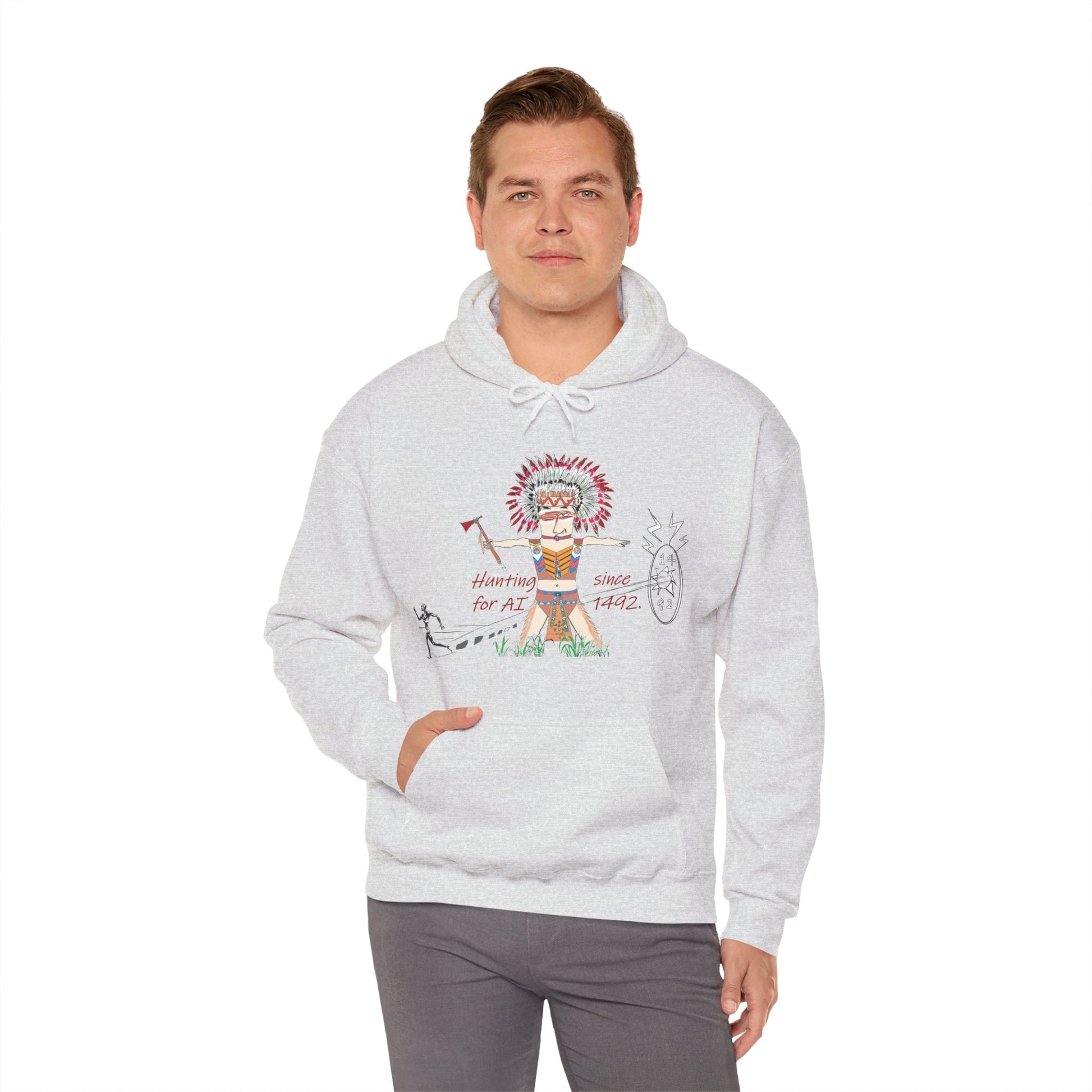 Man wearing a gray hoodie with an American Indian man hunting for AI graphic design and text on a white background