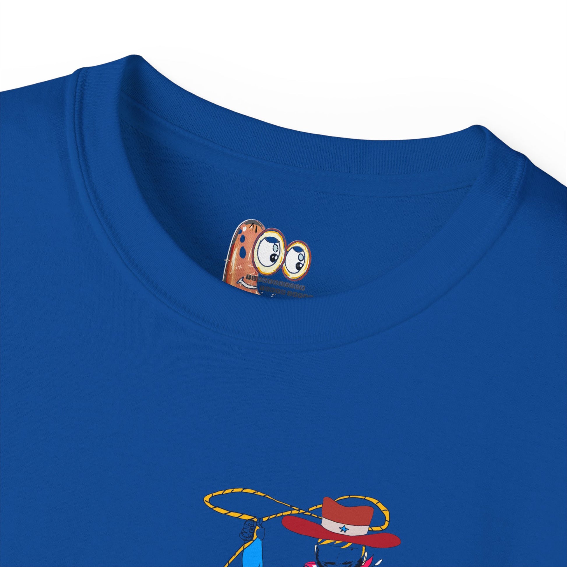 Close-up of a blue t-shirt with a Funwearcode graphic design inner label on collar area