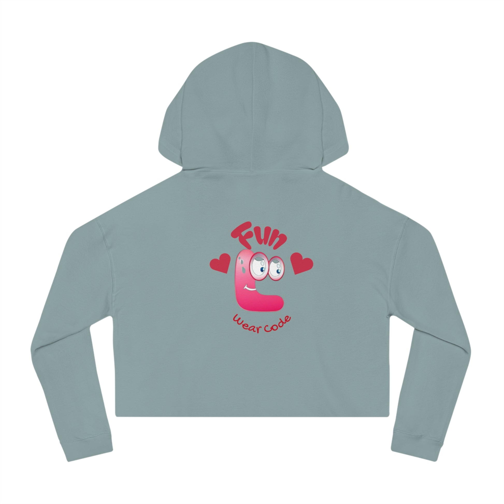 Light blue hoodie with a pink character and Funwearcode  on the back against a white background