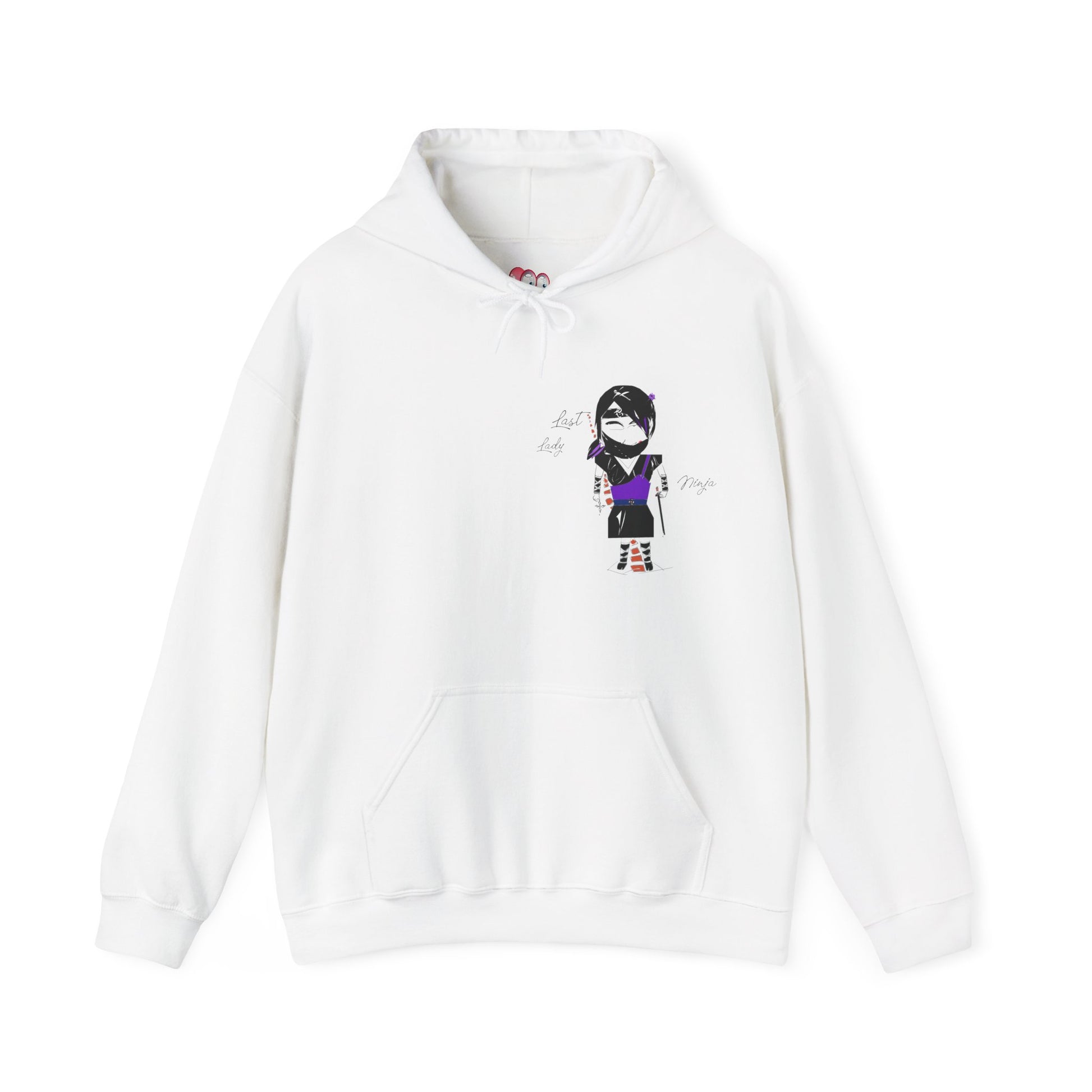 White hoodie with a lady ninja graphic design on a white background
