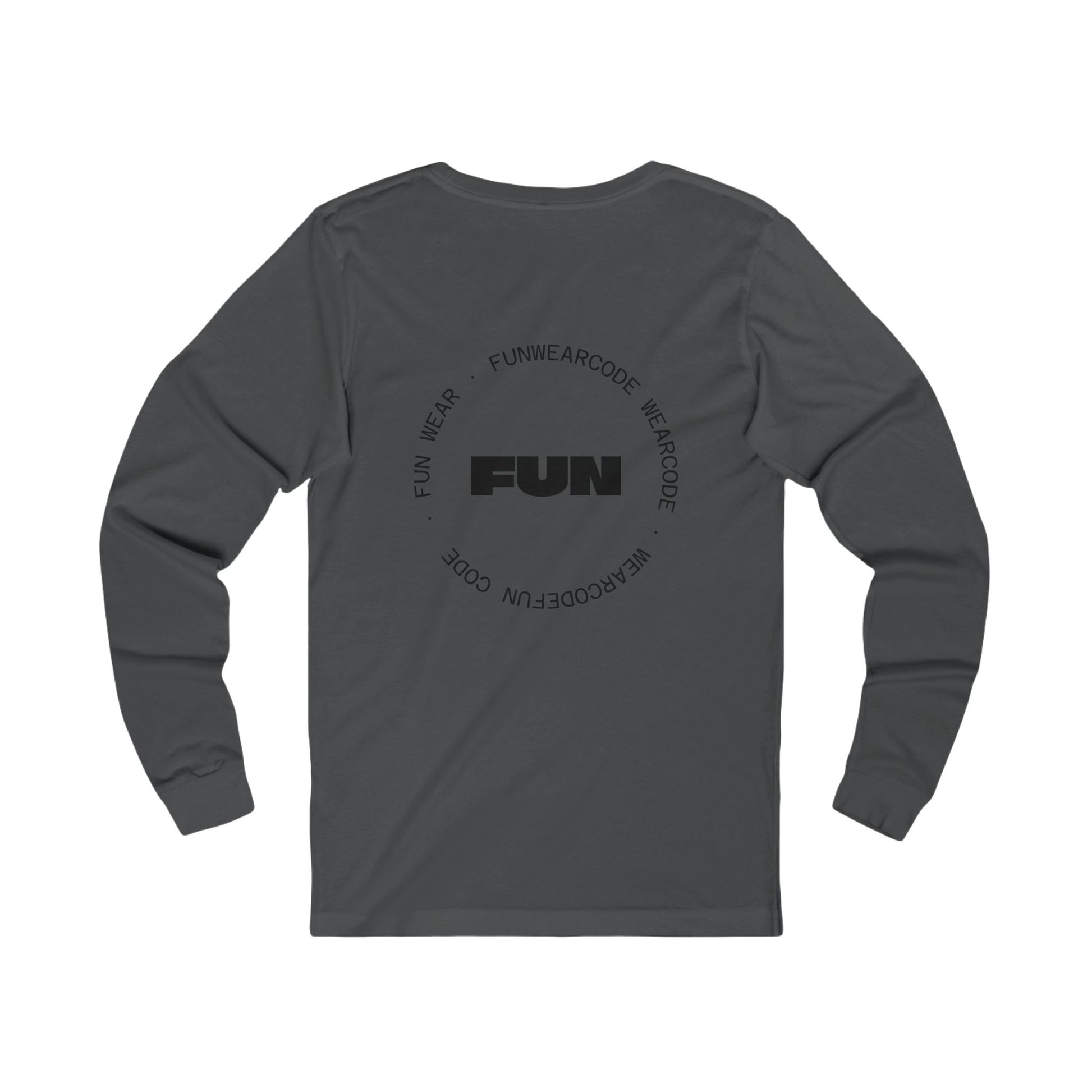 Back view of a black long-sleeve shirt with a FUN graphic design on a white background