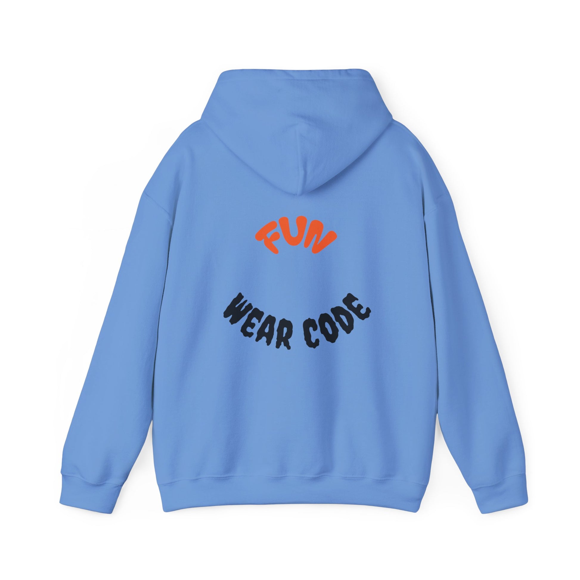Light blue hoodie with 'FUN WEAR CODE' text on the back against a white background