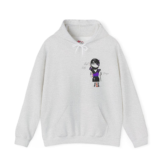 Gray hoodie with a lady ninja graphic design on a white background