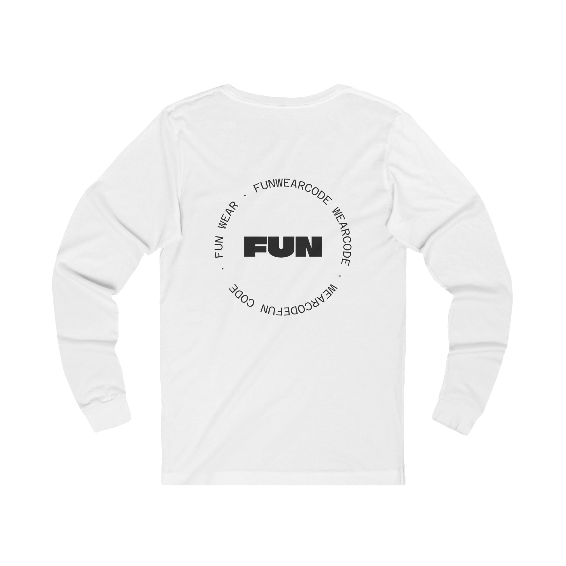 Back view of a white long-sleeve shirt with a FUN graphic design on a white background