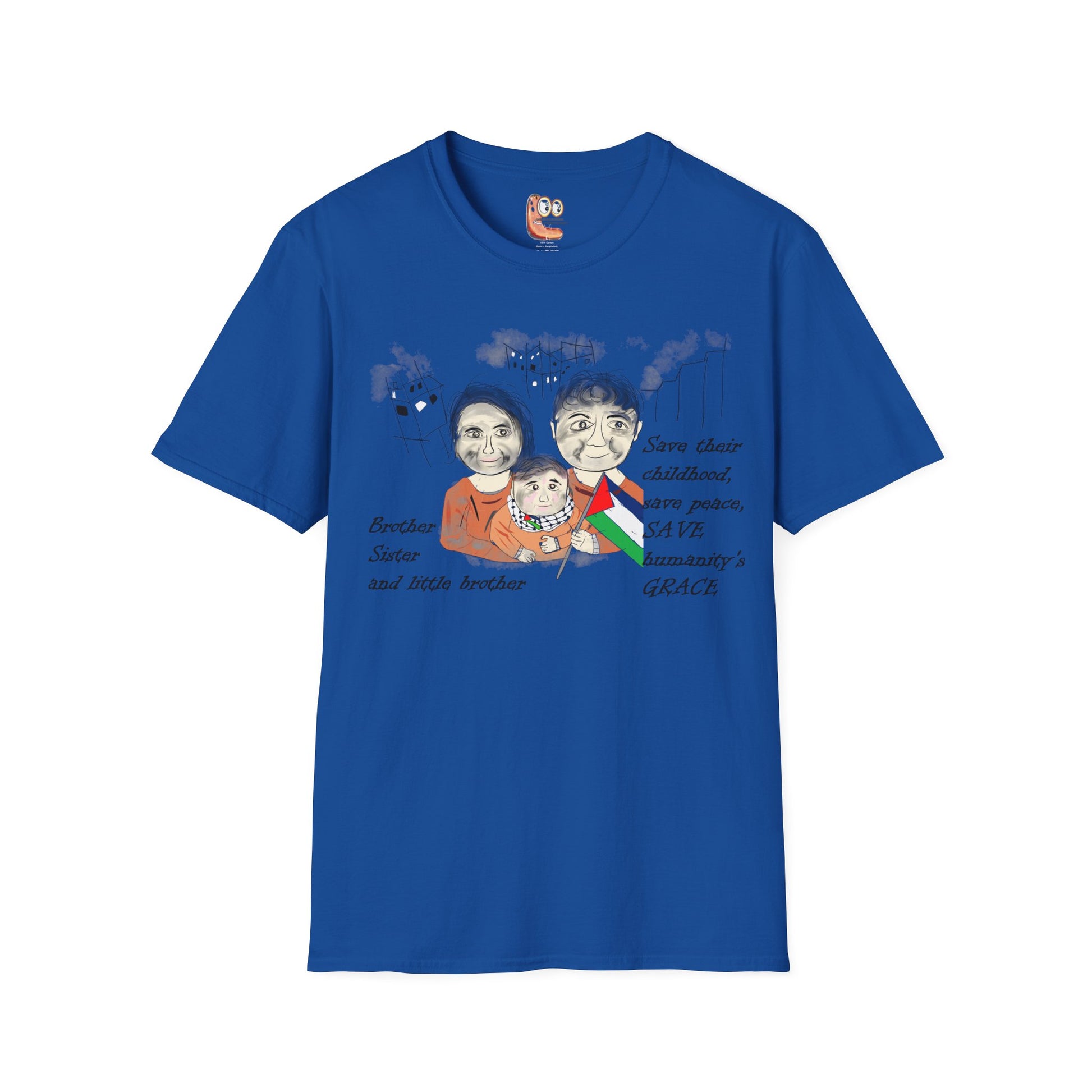 Front view of a blue t-shirt with a Palestinians support graphic design of three children and a Palestine flag on a white background