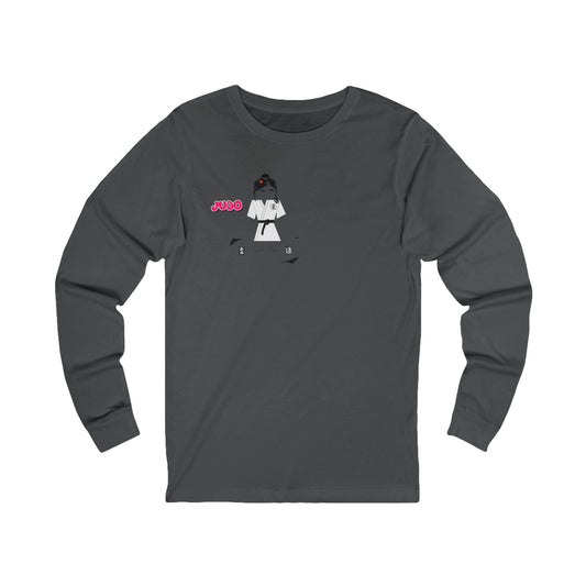 Front view of a black long-sleeve shirt with a judo girl graphic design on a white background