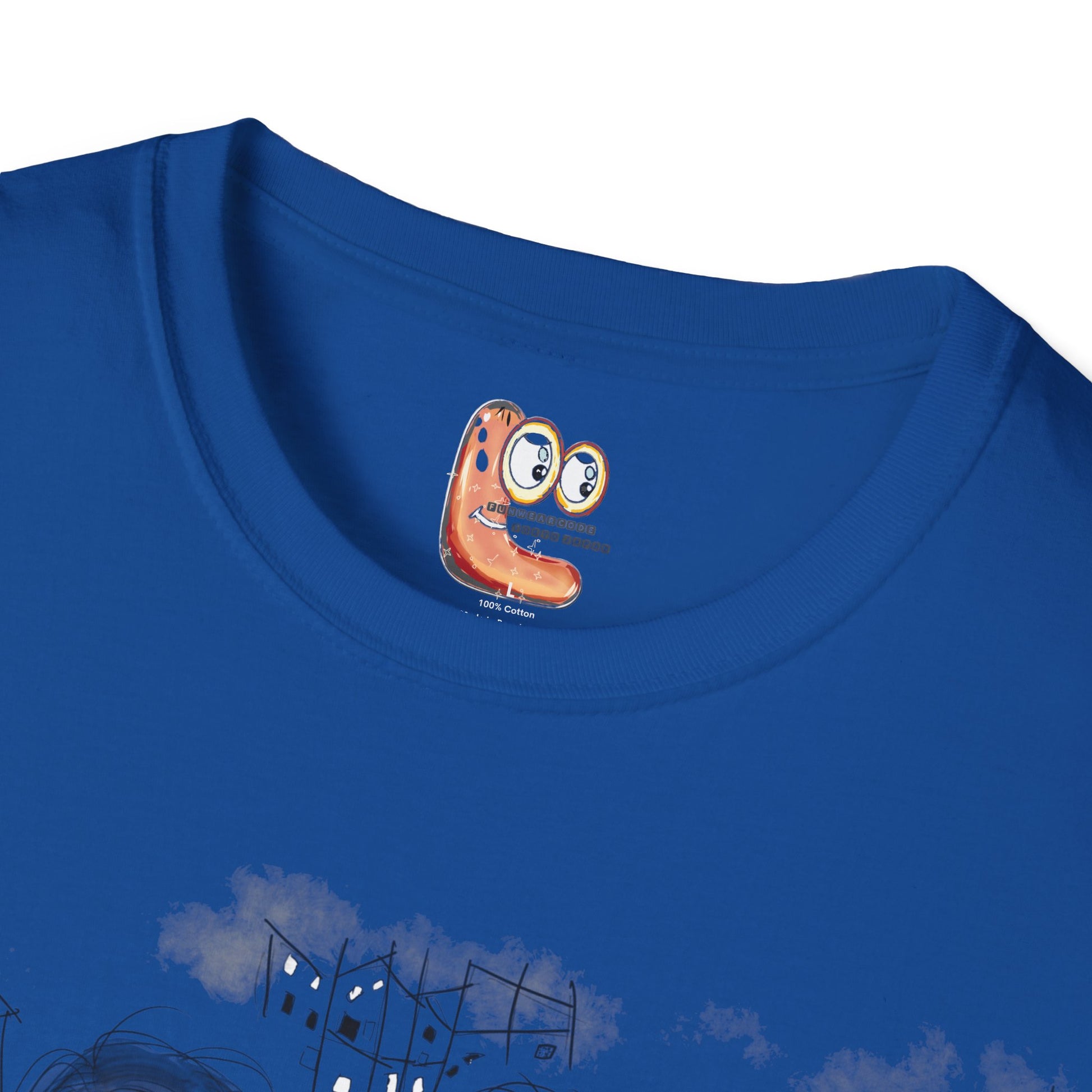 Close view of a blue t-shirt with a FunWearCode cartoon character inner label design on collar area