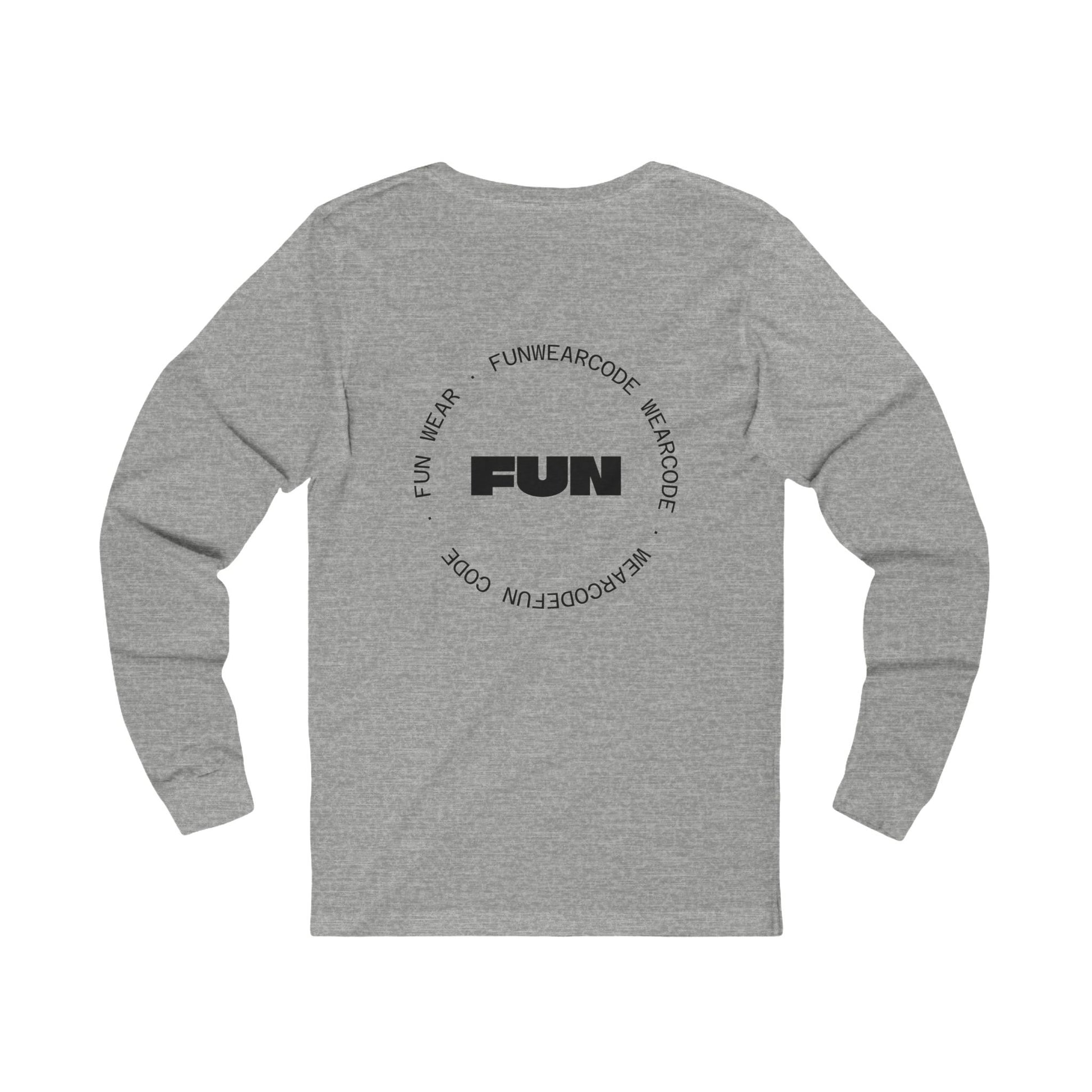 Back view of a gray long-sleeve shirt with a FUN graphic design on a white background