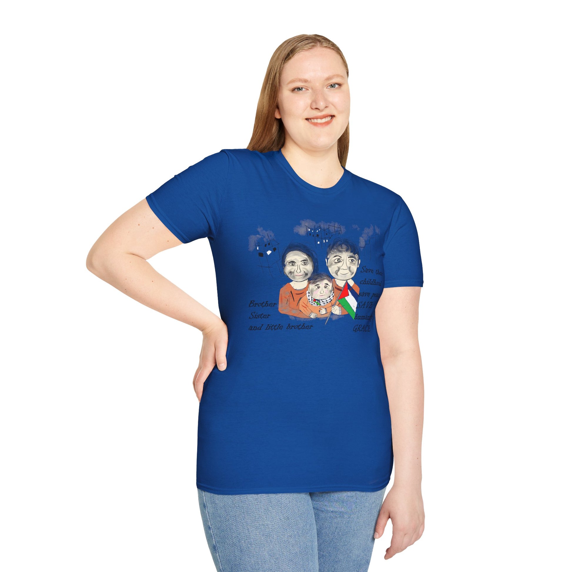 Front view of a lady model wearing a blue t-shirt with a Palestinians support graphic design on a white background