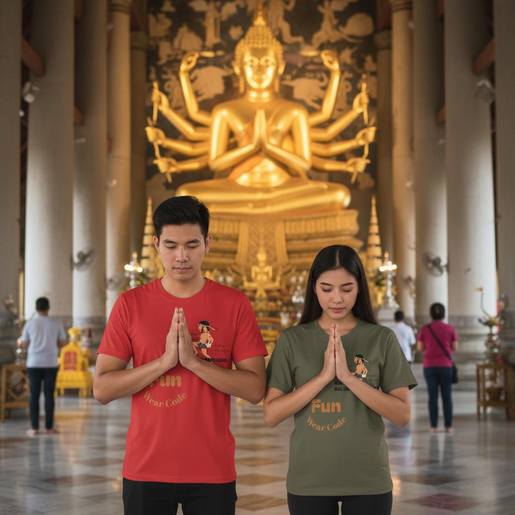 A Thai couple wearing a Thai boxer design tee stands in a temple