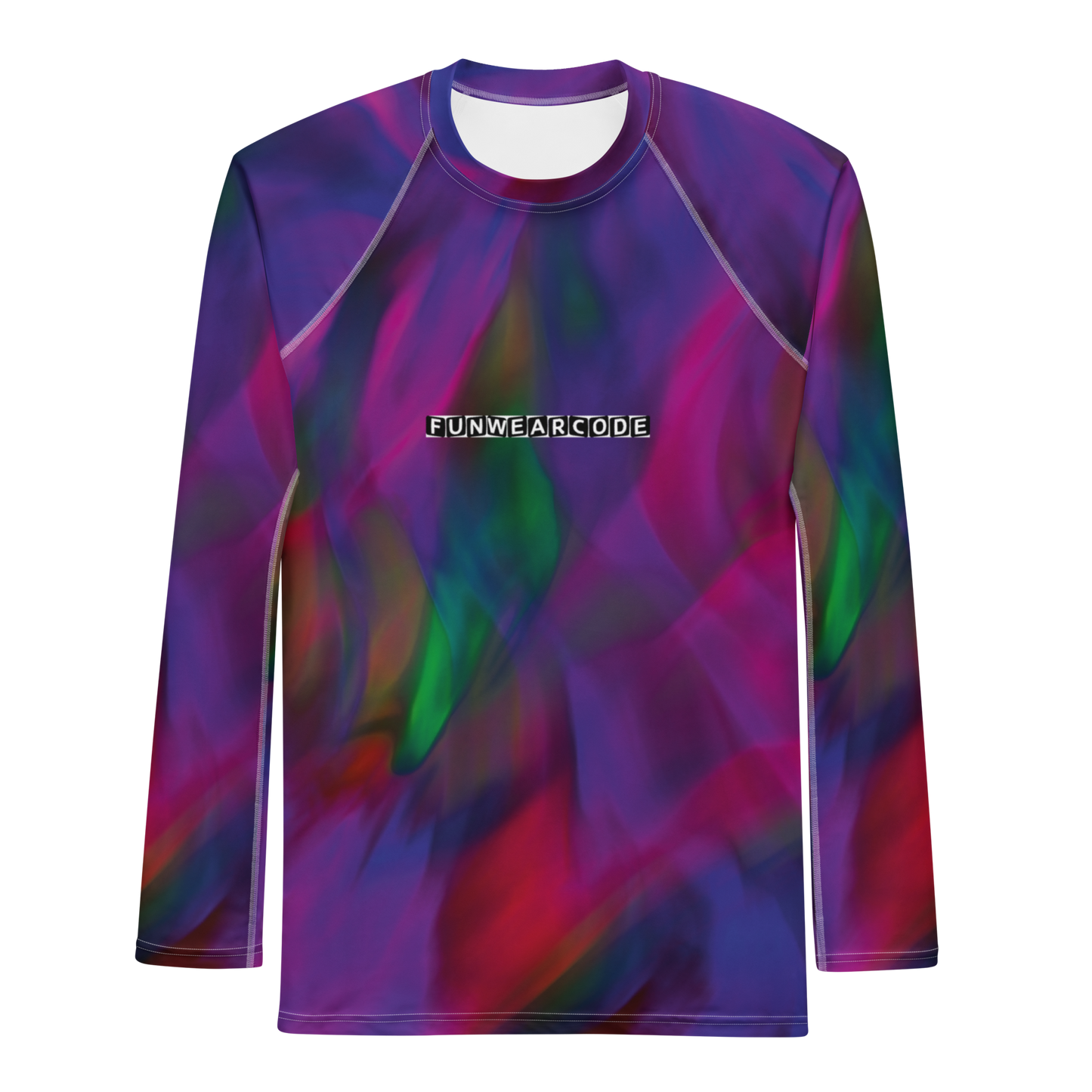Colorful long-sleeve shirt with a brand logo 'FunWearCode' on a white background