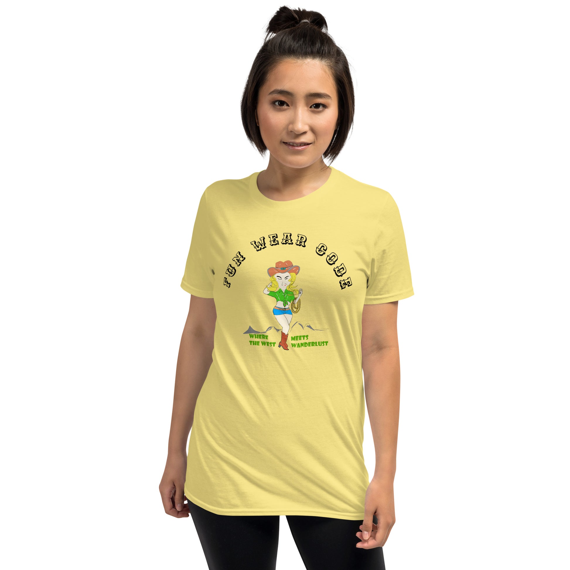 Person wearing a yellow t-shirt  with a graphic of a cowgirl and text "Fun Wear Code" on a white background