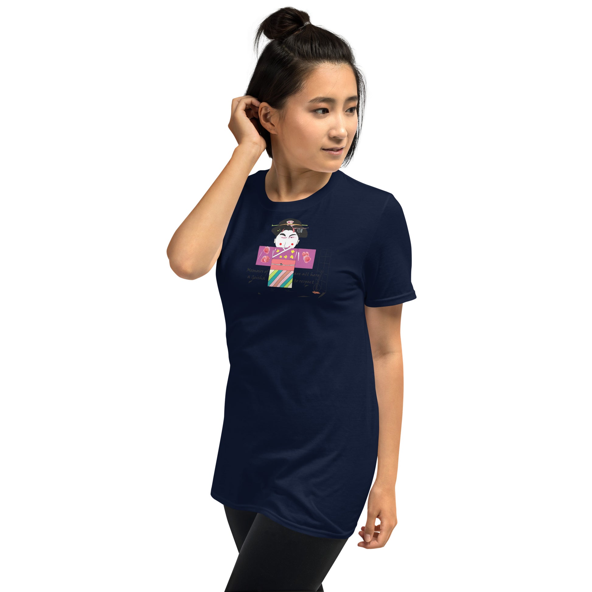 Side view of a lady model wearing a navy t-shirt with a Japanese Geisha graphic design on a white background