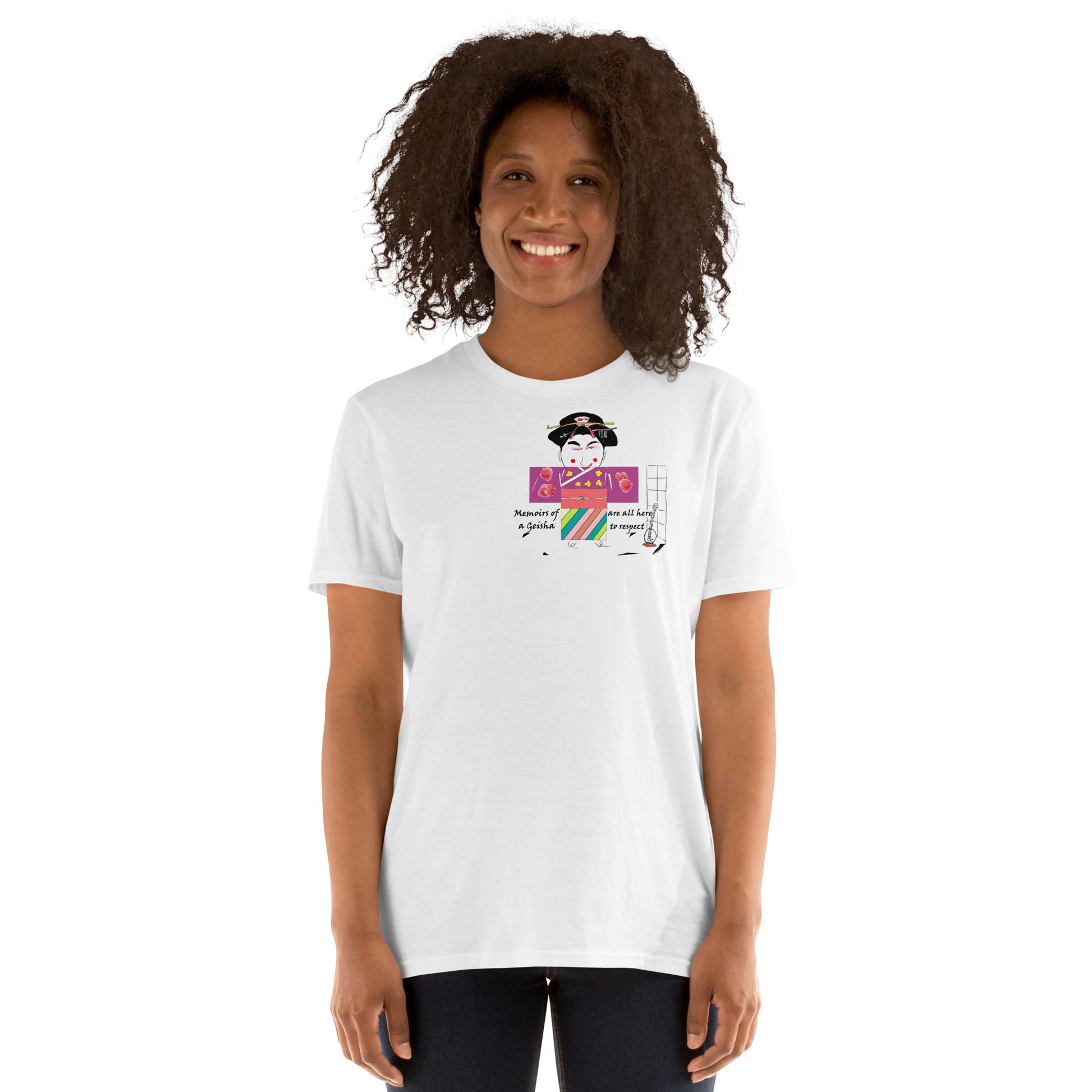 Front view of a lady model wearing a white t-shirt with a Japanese Geisha graphic design on a white background
