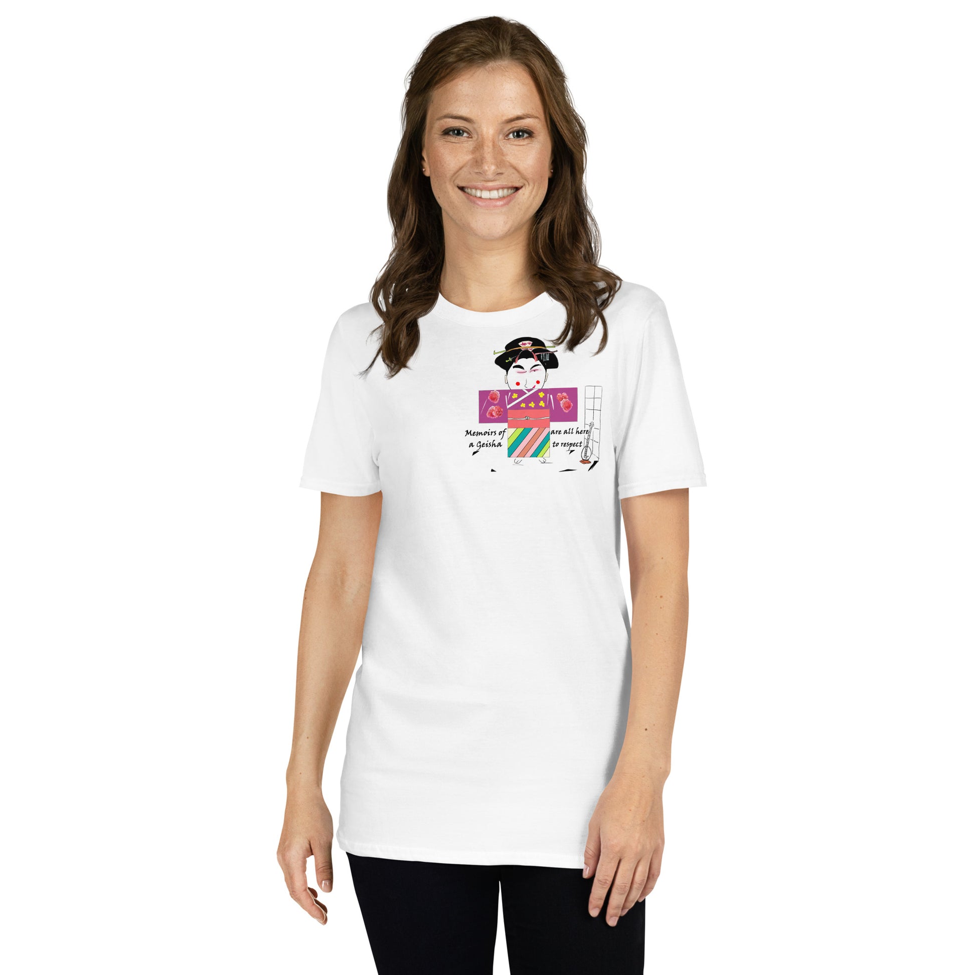 Front view of a lady model wearing a white t-shirt with a Japanese Geisha graphic design on a white background