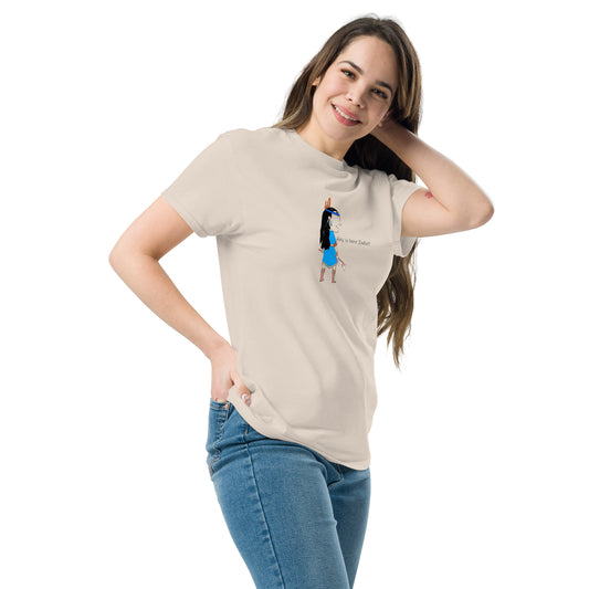 Right side view of a lady model wearing a beige t-shirt with an American Indian woman graphic design on a white background