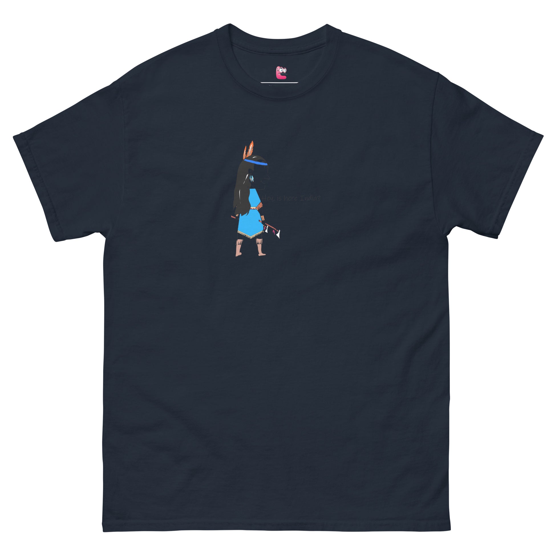 Front view of a navy t-shirt with an American Indian woman graphic design on a white background