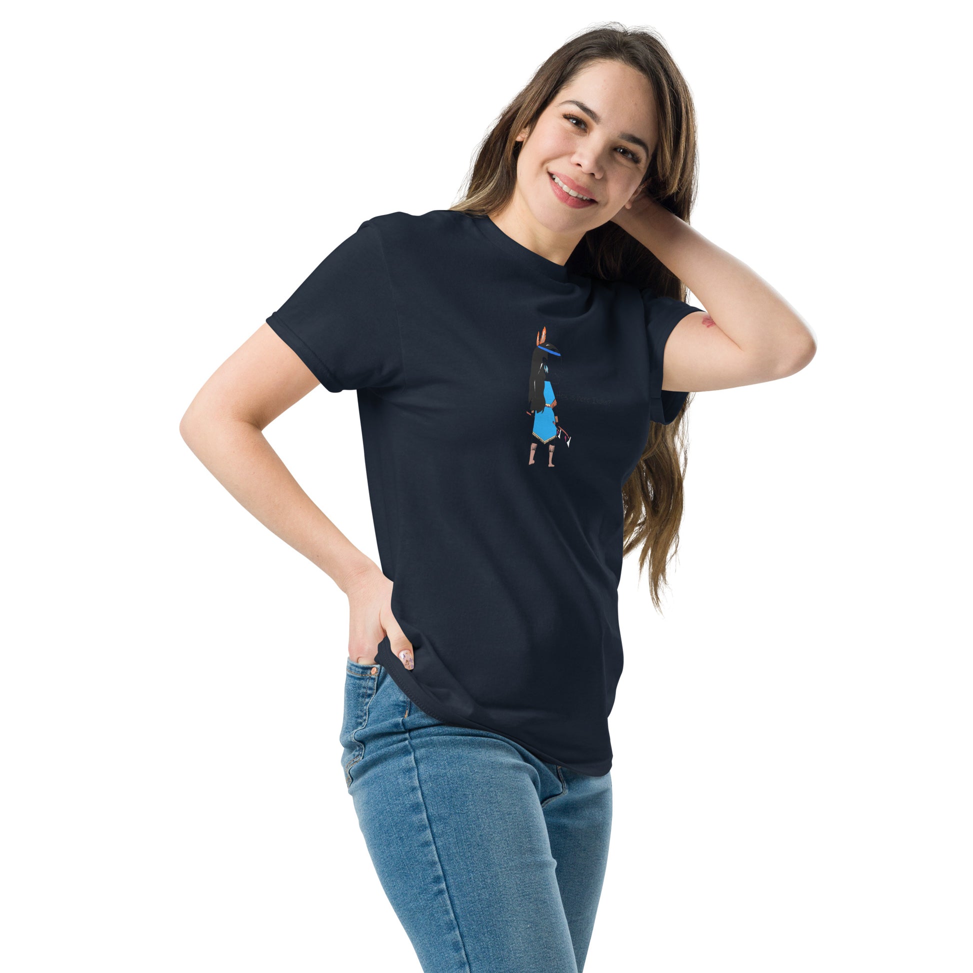 Right side view of a lady model wearing a navy t-shirt with an American Indian woman graphic design on a white background