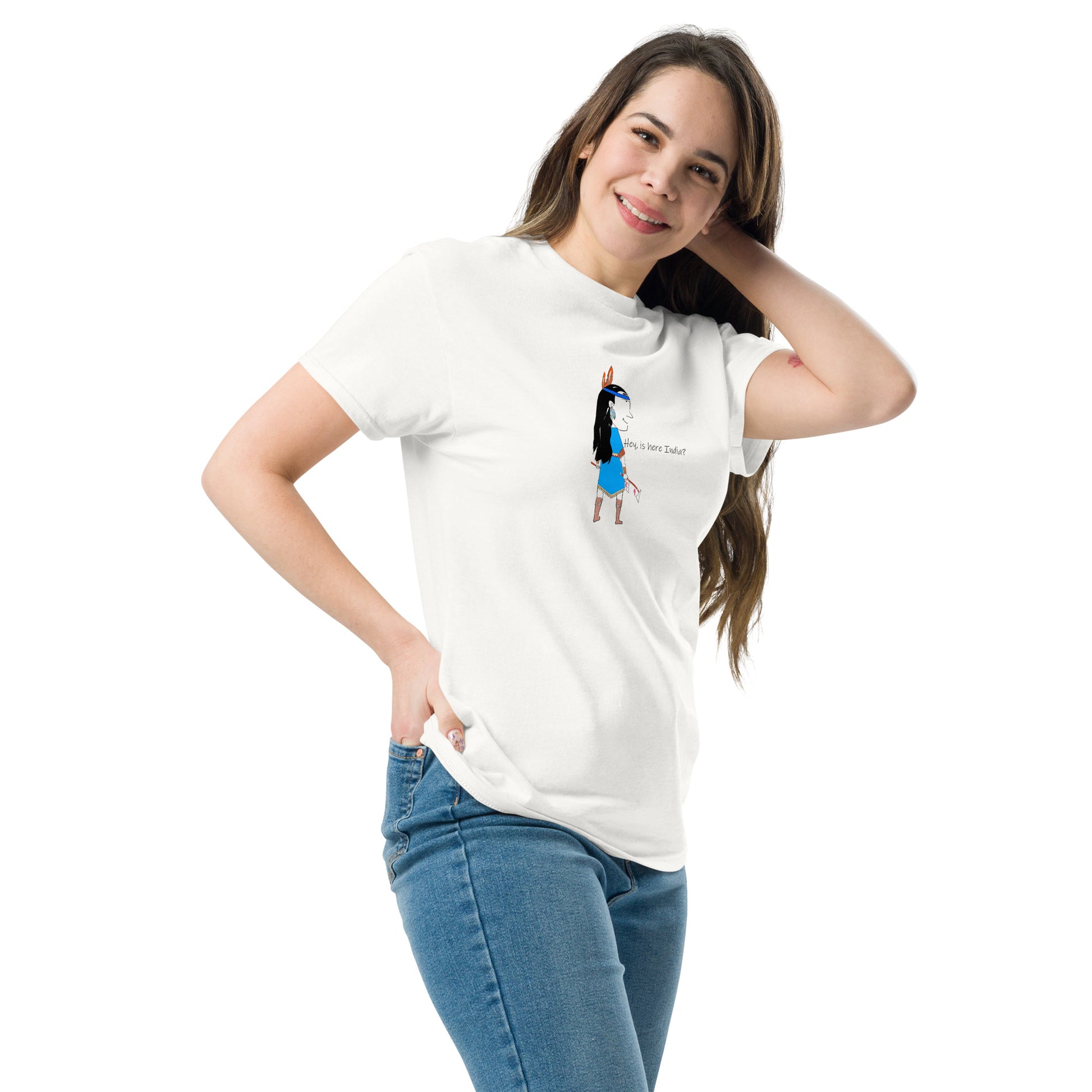 Right side view of a lady model wearing a white t-shirt with an American Indian woman graphic design on a white background