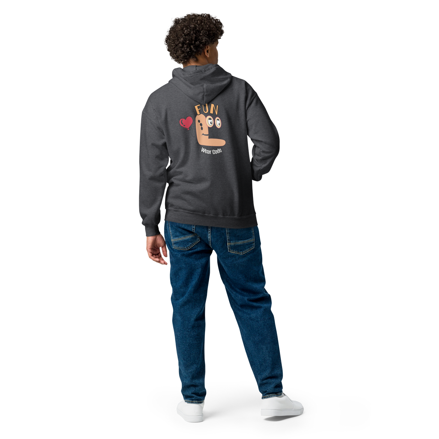Back view of a man model wearing a black zip-up hoodie with a Fun wear code graphic design on a transparent background