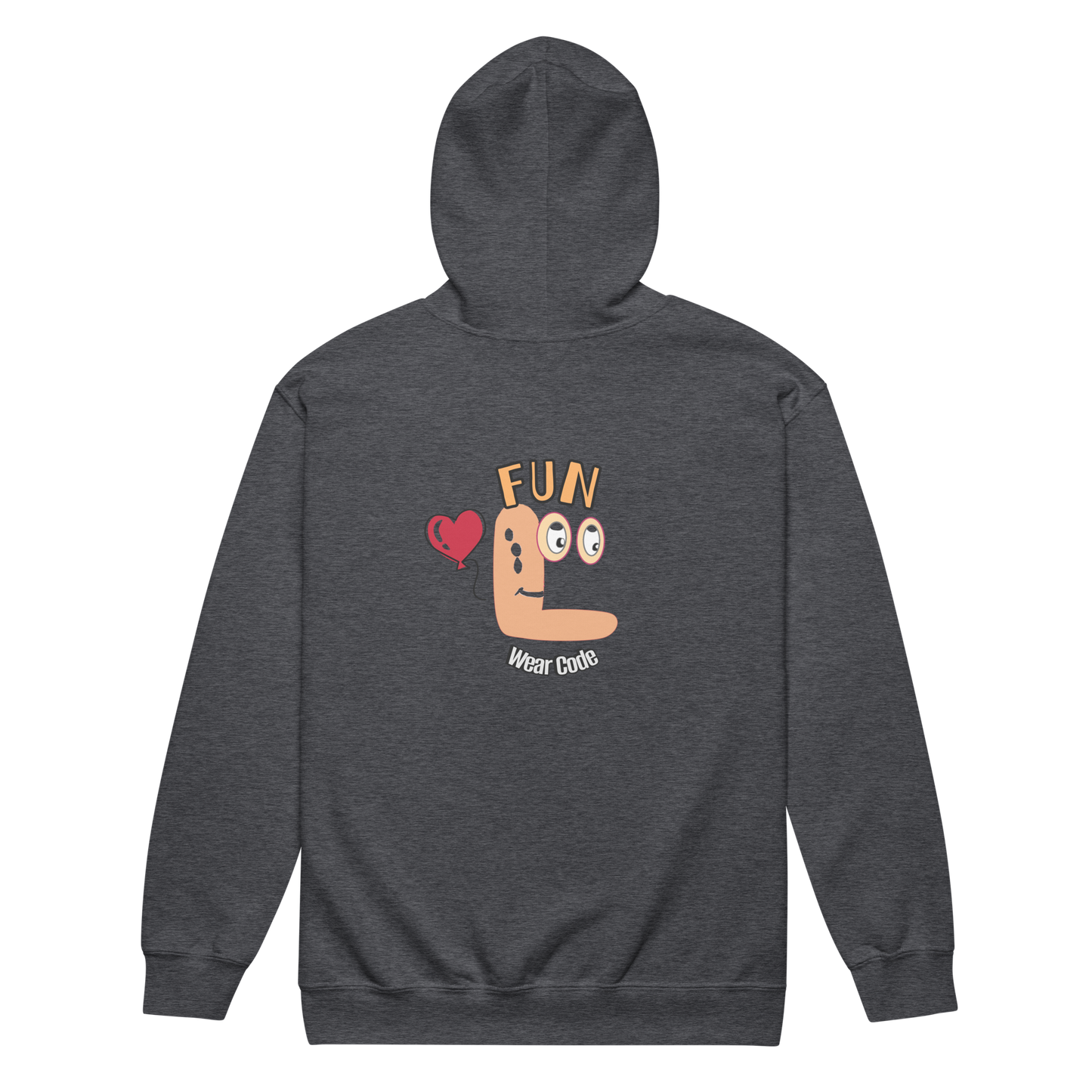 Back view of a black zip-up hoodie with a FUN wear code graphic design on a transparent background