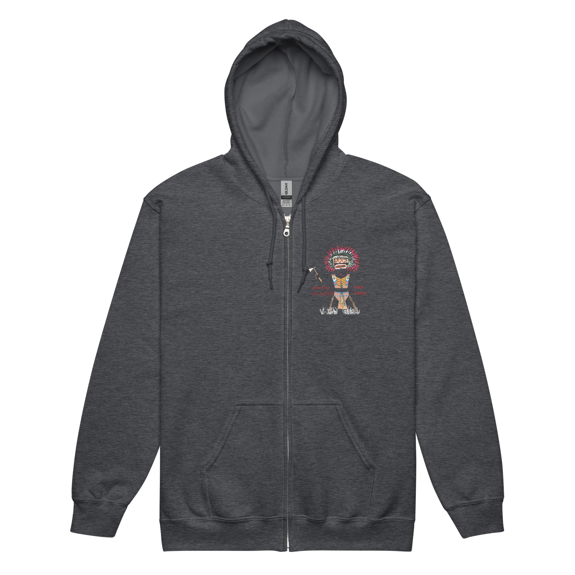 Front view of a black zip-up hoodie with an American Indian man graphic design on a transparent background