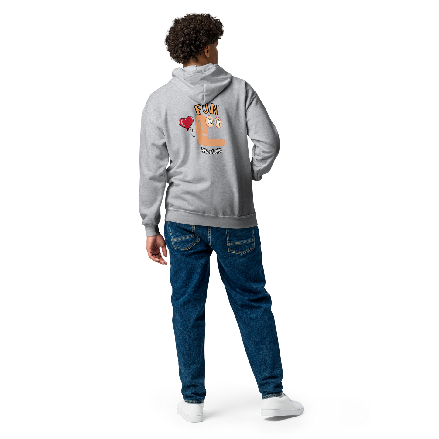 Back view of a man model wearing a gray zip-up hoodie with a Fun wear code graphic design on a transparent background