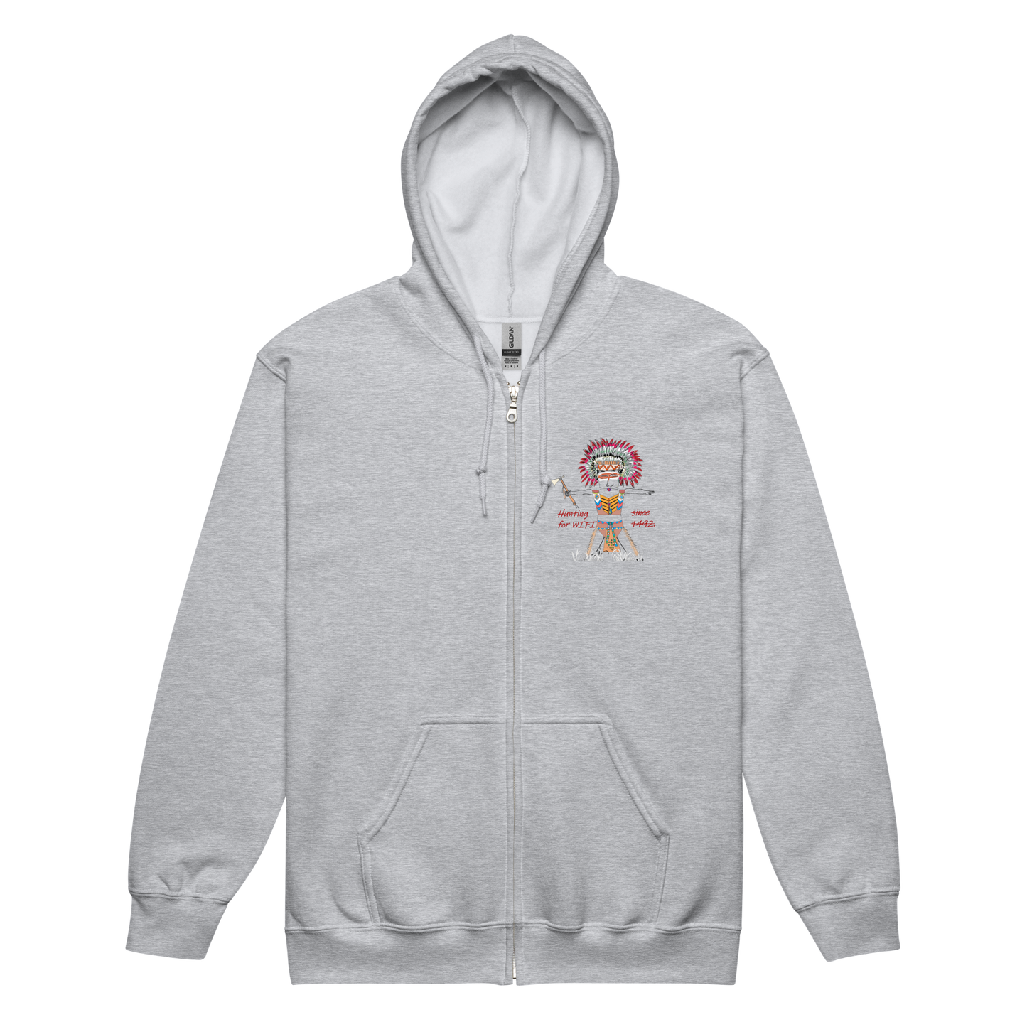 Front view of a gray zip-up hoodie with an American Indian man graphic design on a transparent background