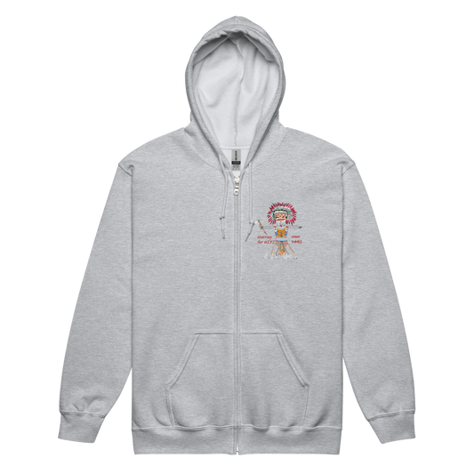 Front view of a gray zip-up hoodie with an American Indian man graphic design on a transparent background
