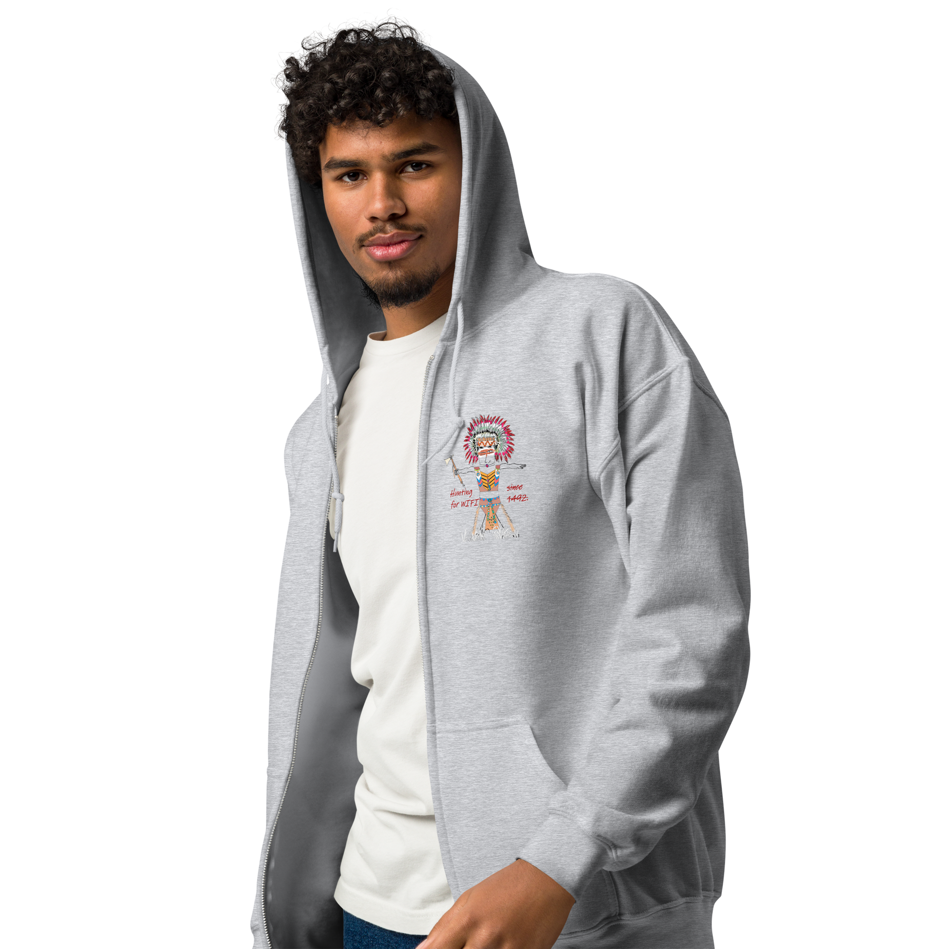 Left side view of a gray zip-up hoodie with an American Indian man graphic design on a transparent background