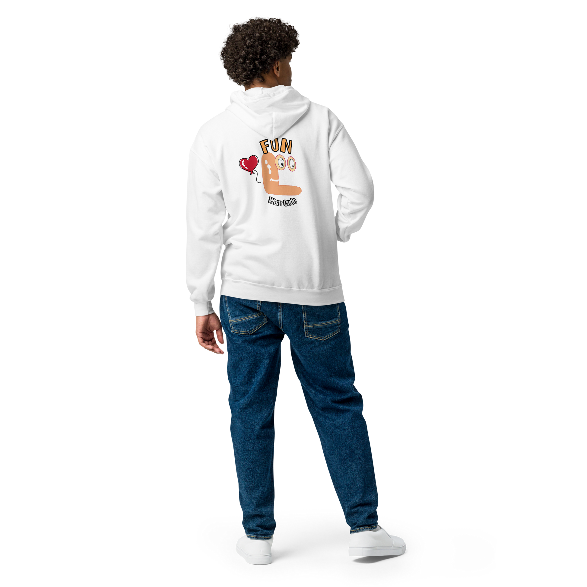Back view of a man model wearing a white zip-up hoodie with a Fun wear code graphic design on a transparent background