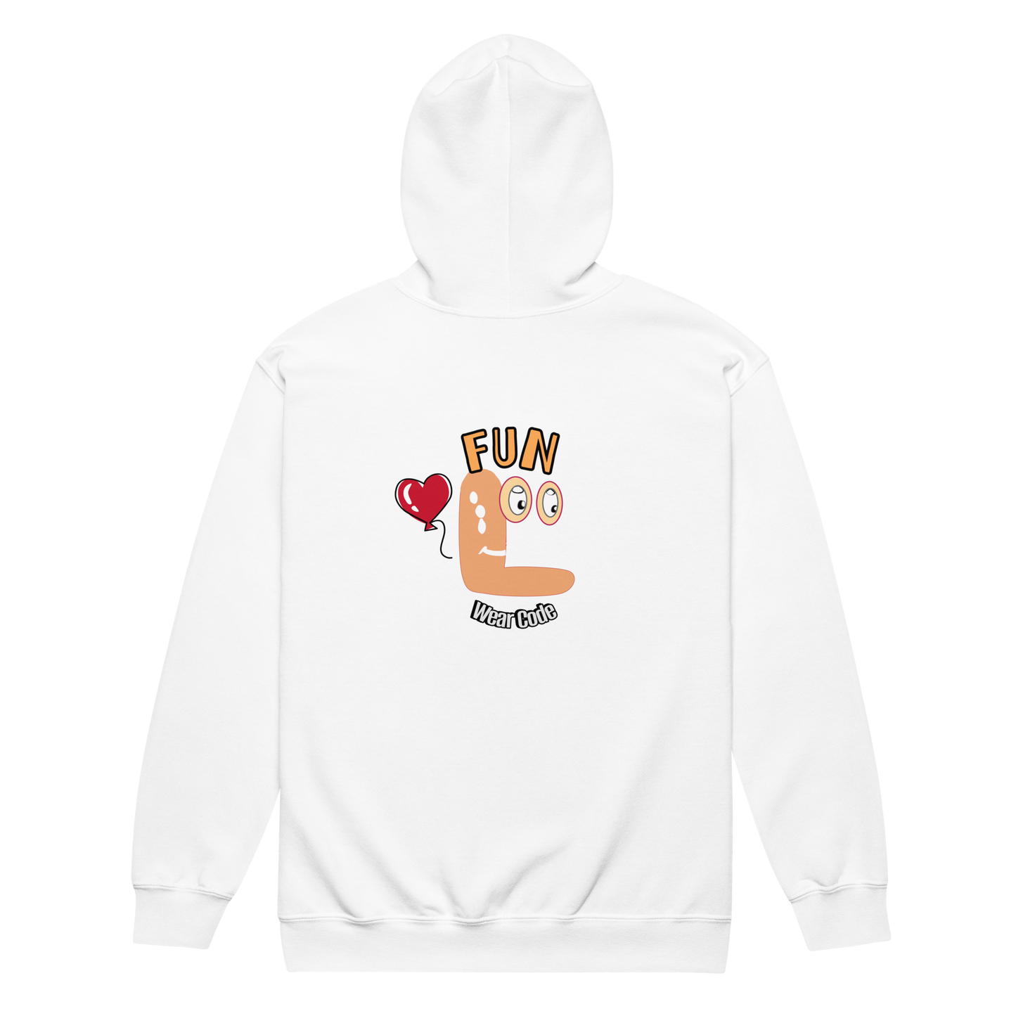 Back view of a white zip-up hoodie with a FUN wear code graphic design on a transparent background