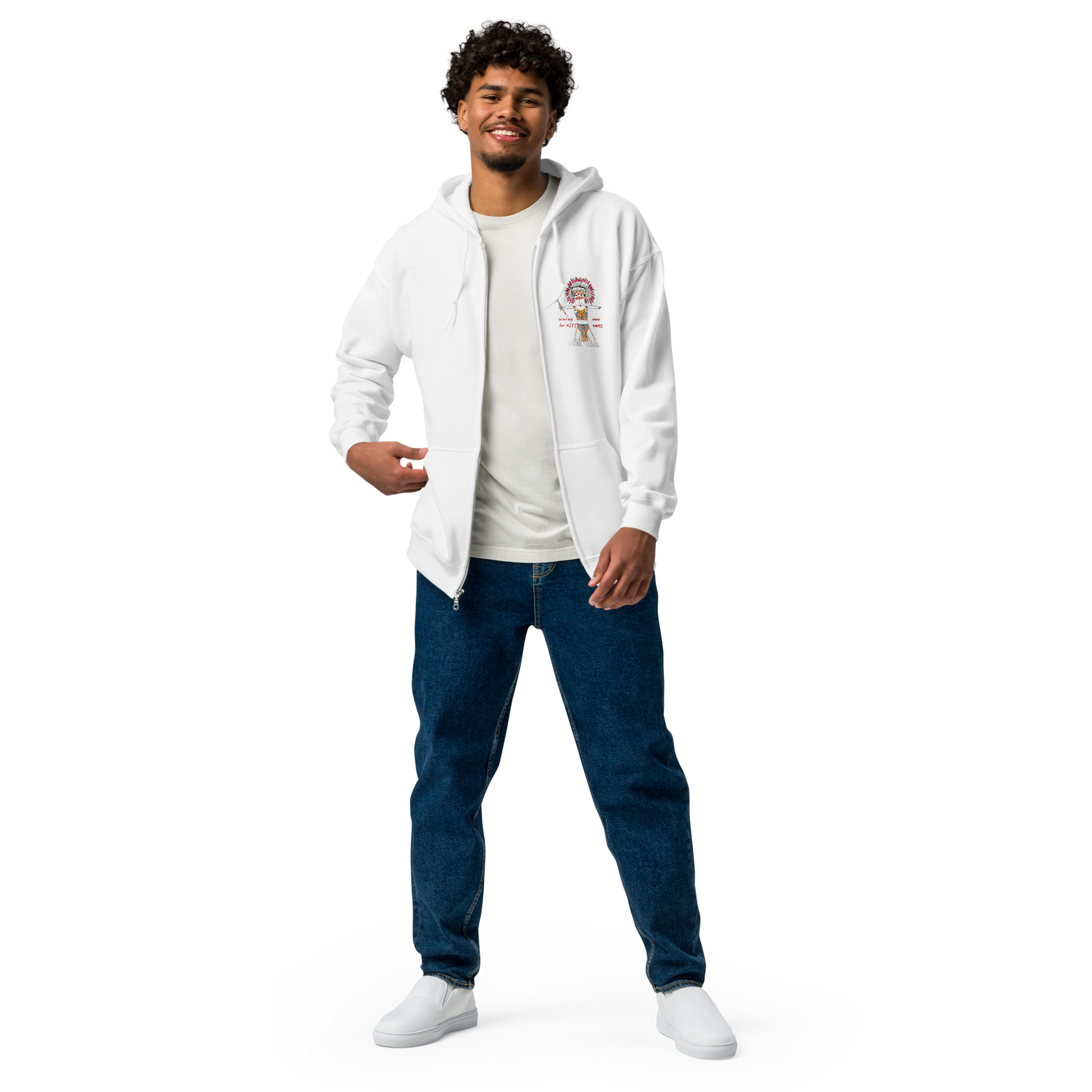 Front view of a man model wearing a white zip-up hoodie with an American Indian man graphic design on a transparent background