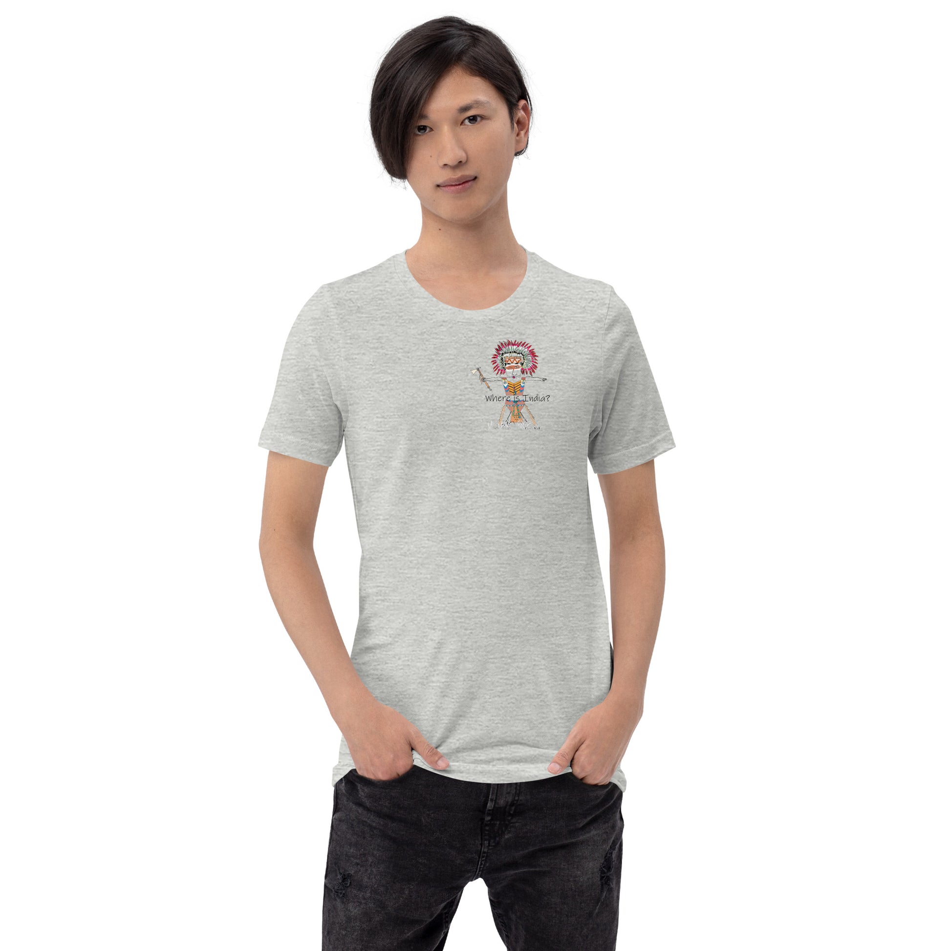 Front view of a man model wearing a gray t-shirt with an American Indian man graphic design on a white background