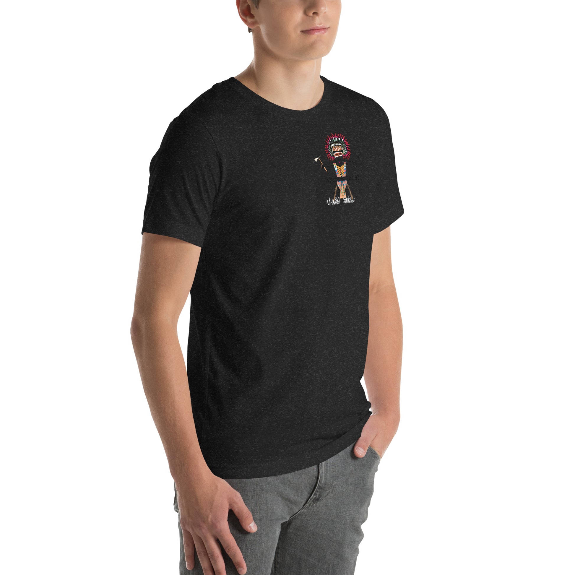 Right side view of a man model wearing a black t-shirt with an American Indian man graphic design on a white background