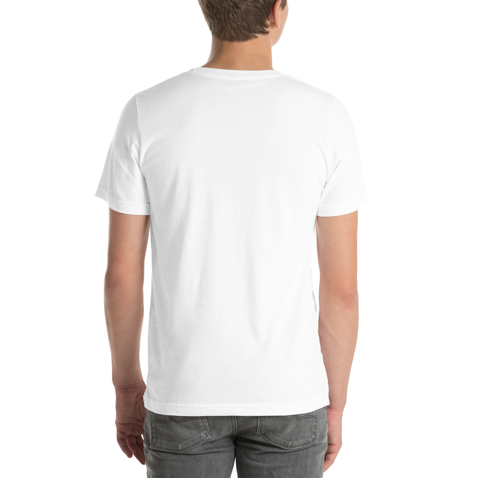 Person wearing a plain white t-shirt on a white background