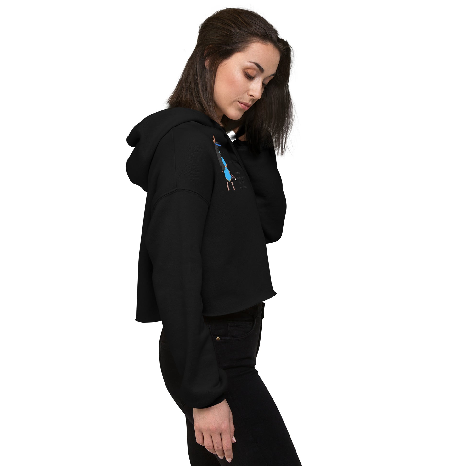 Right side view of a lady model wearing a black cropped hoodie with an American Indian woman graphic design on a white background