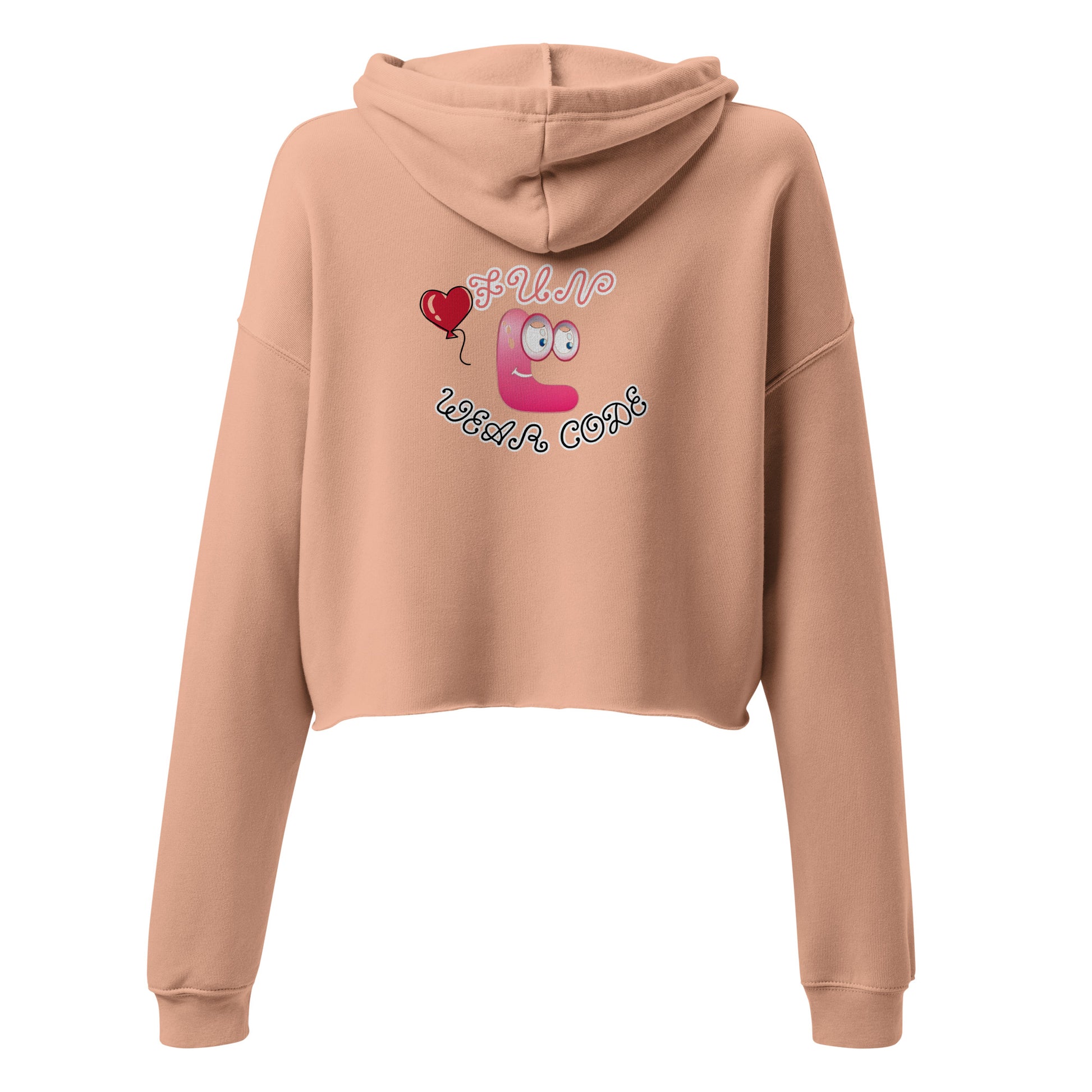 Back view of a peach cropped hoodie with a FUN WEAR CODE graphic design on a white background