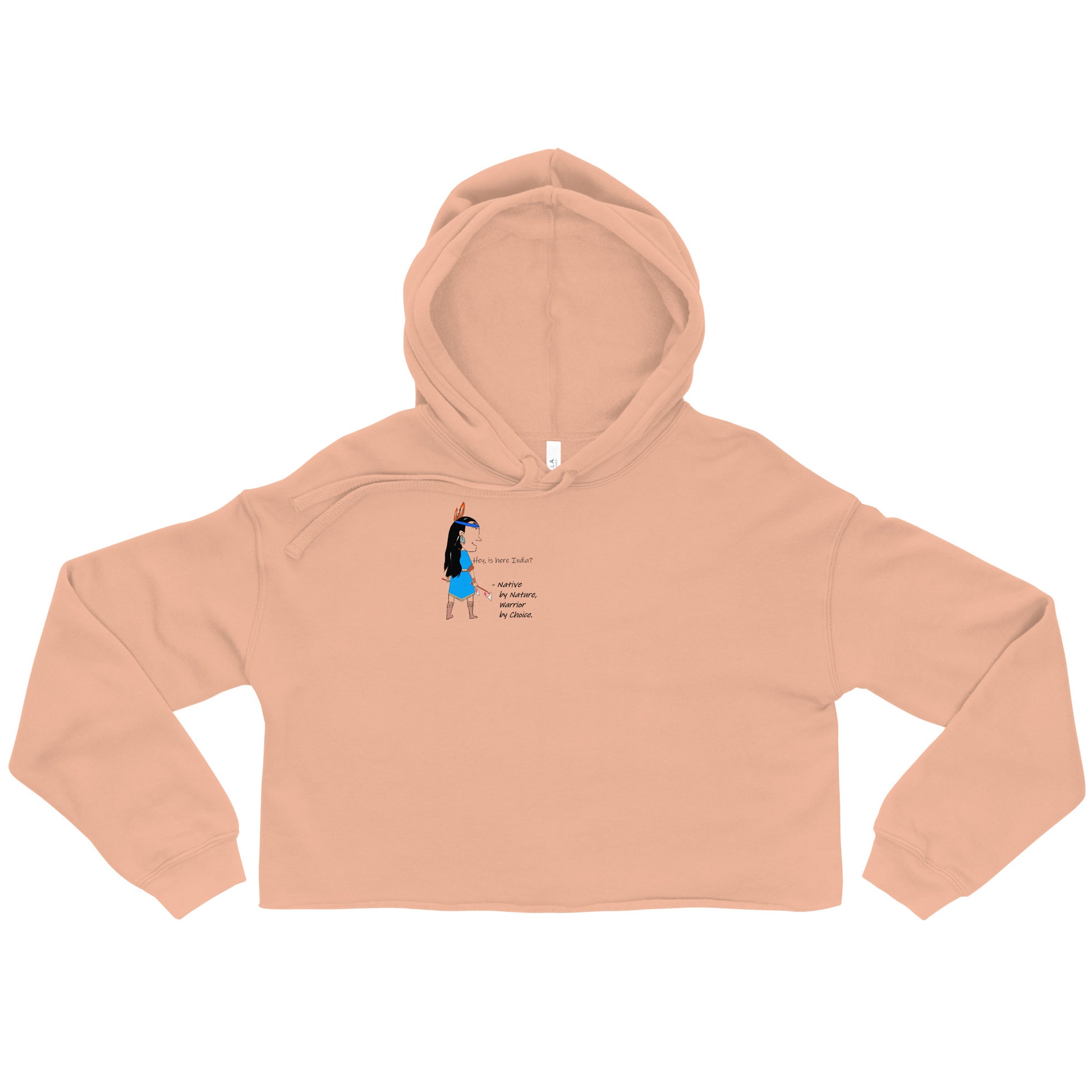 Front view of a peach cropped hoodie with an American Indian woman graphic design on a white background