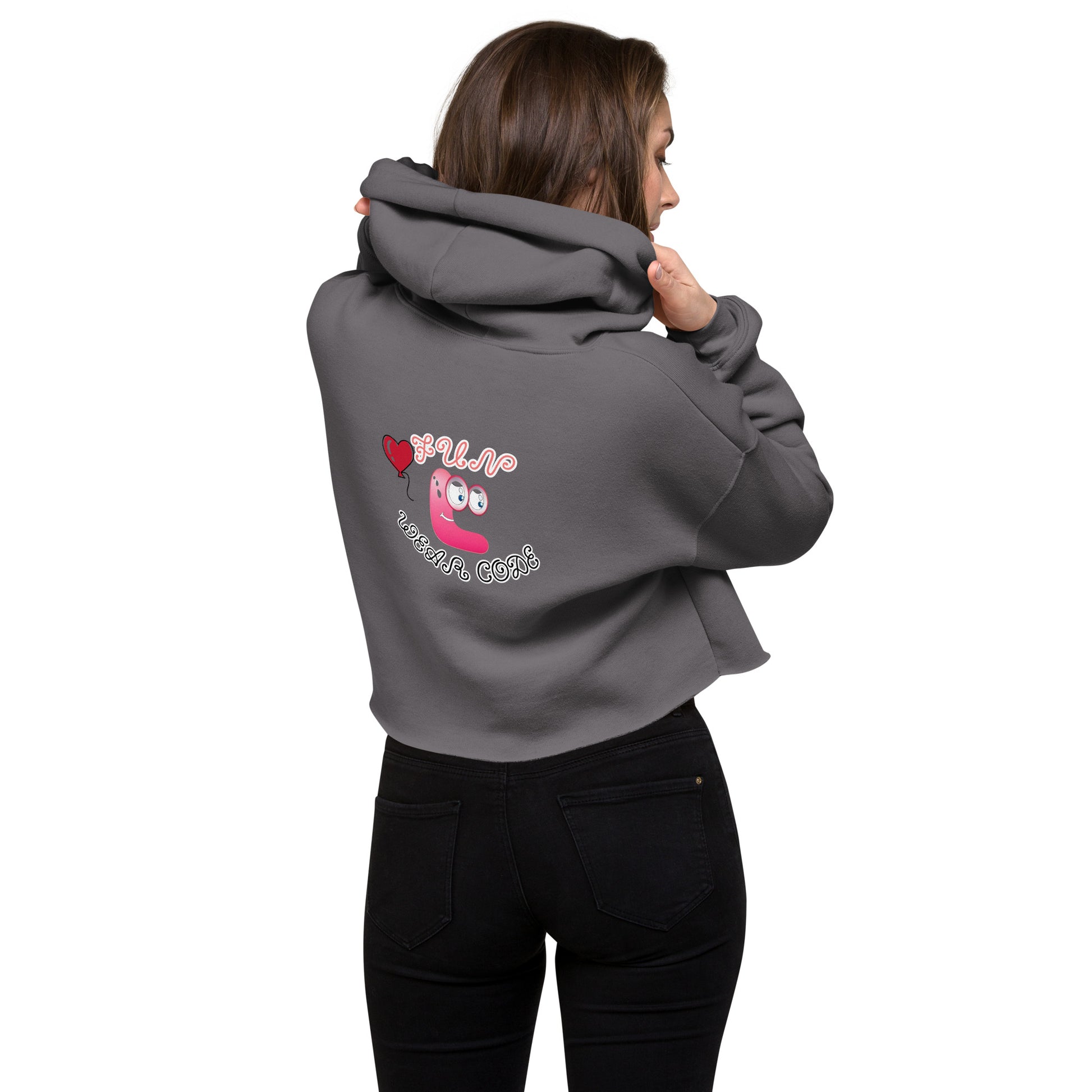 Back view of a lady model wearing a gray cropped hoodie with a FUN WEAR CODE graphic design on a white background