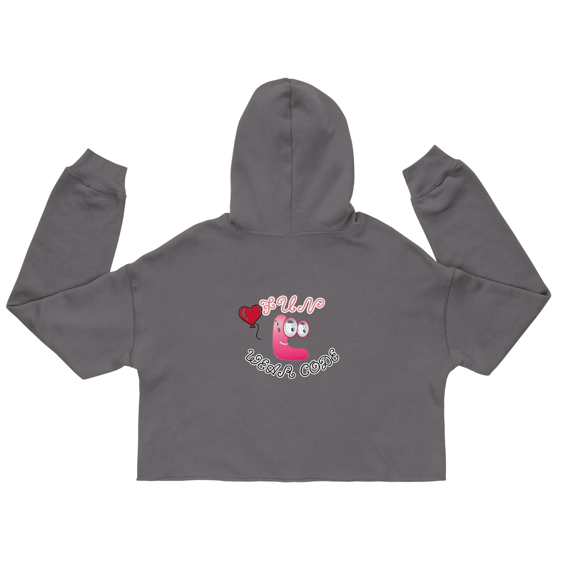 Back view of a gray cropped hoodie with a FUN WEAR CODE graphic design on a white background