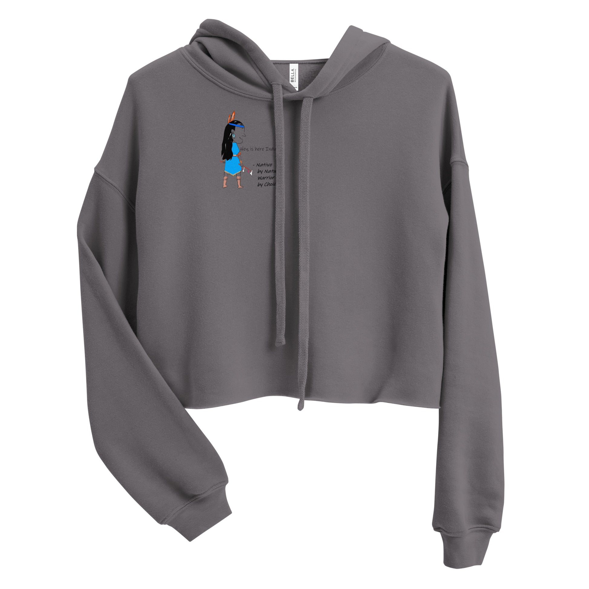 Front view of a gray cropped hoodie with an American Indian woman graphic design on a white background