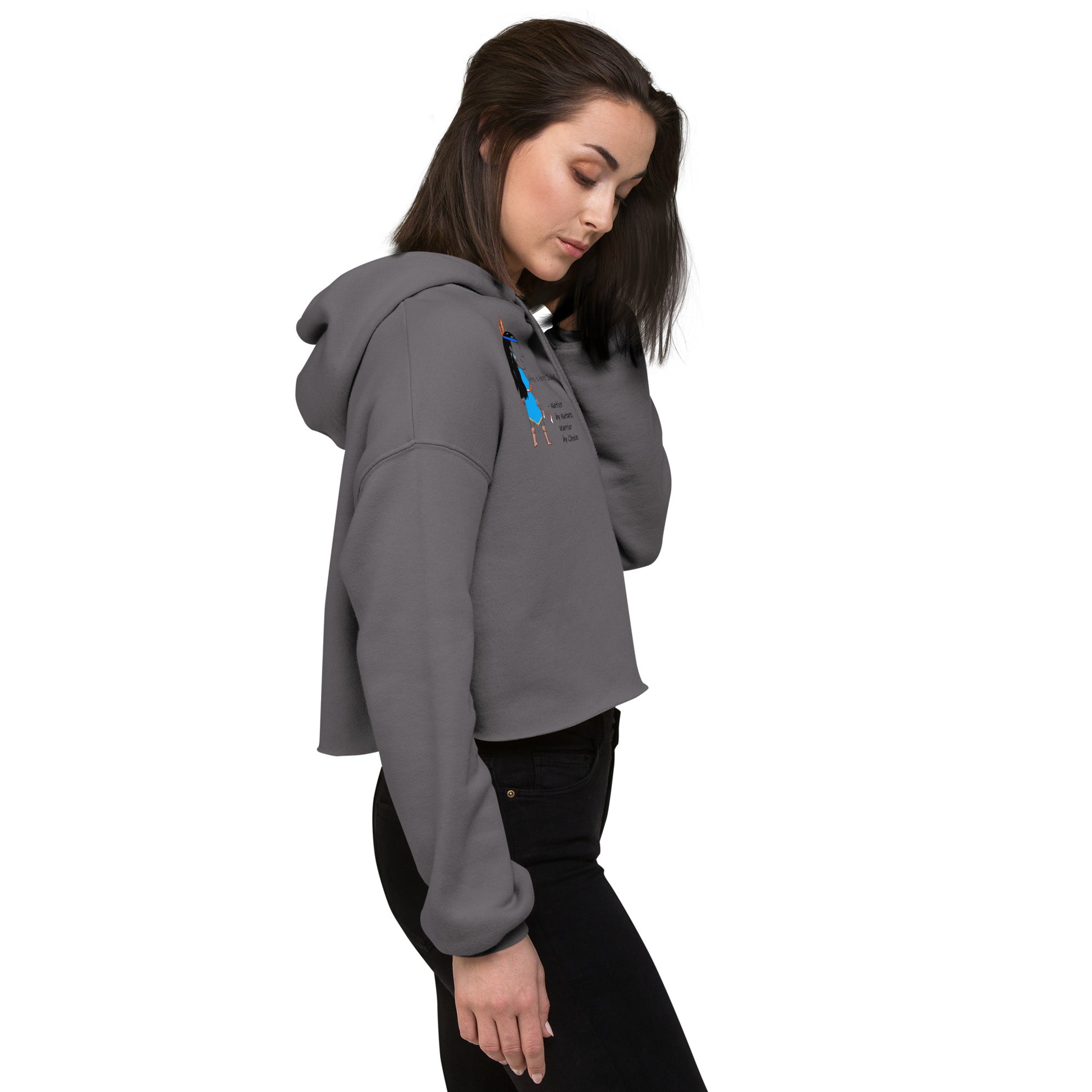 Right side view of a lady model wearing a gray cropped hoodie with an American Indian woman graphic design on a white background