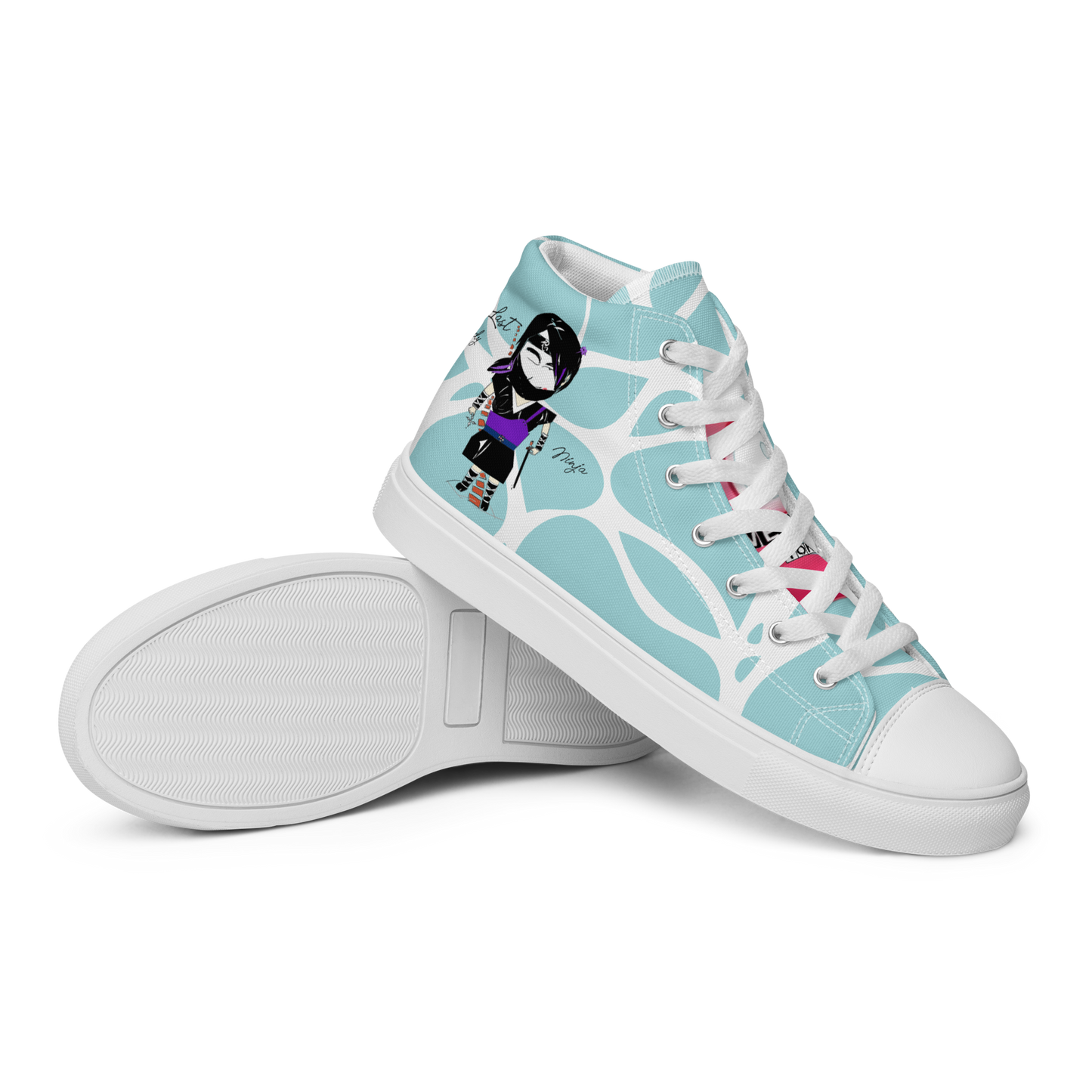 Light blue high-top sneakers with a lady ninja graphic design, featuring text 'Last lady ninja' with white laces and a white sole on a white background