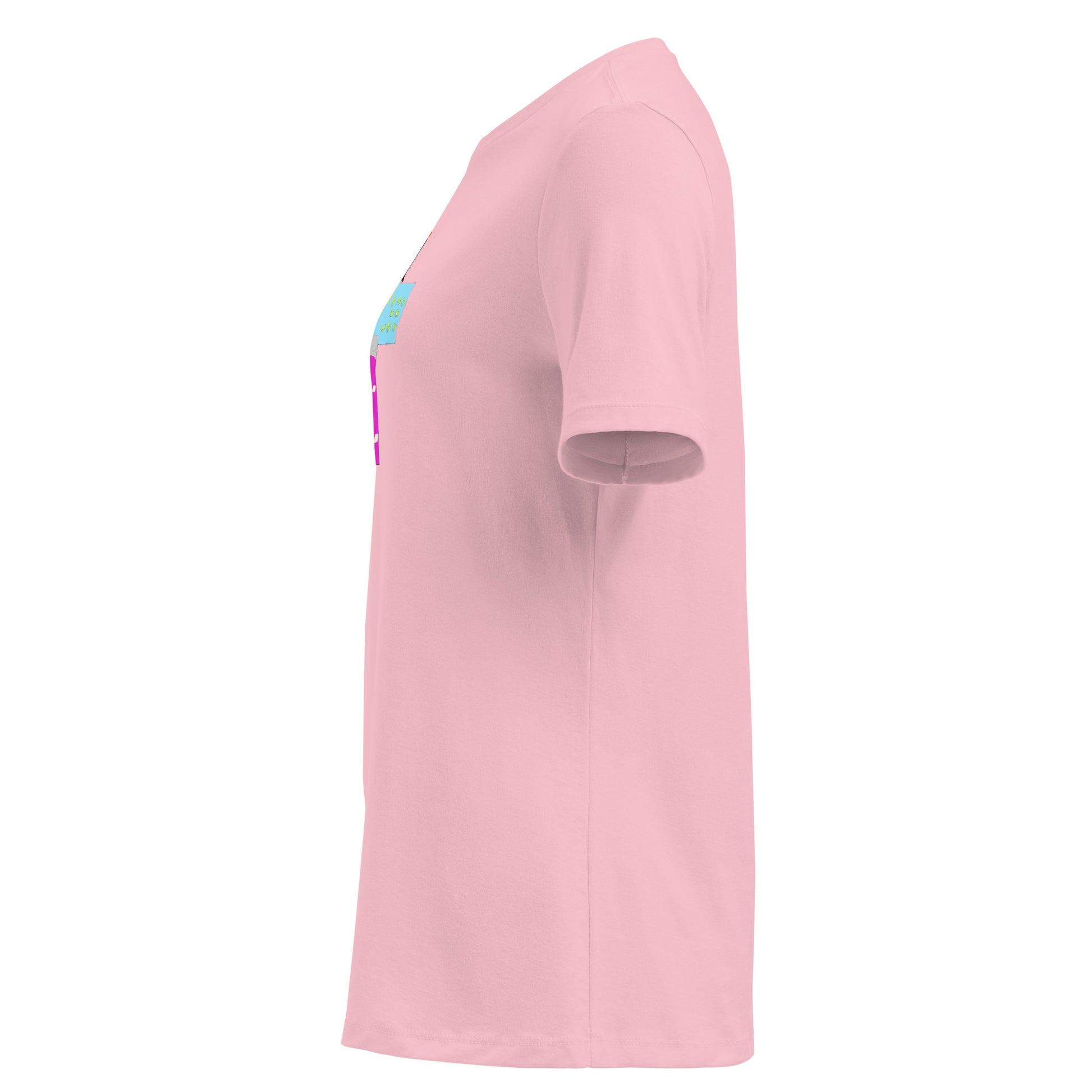 Pink t-shirt with a colorful yukata girl design on a white background