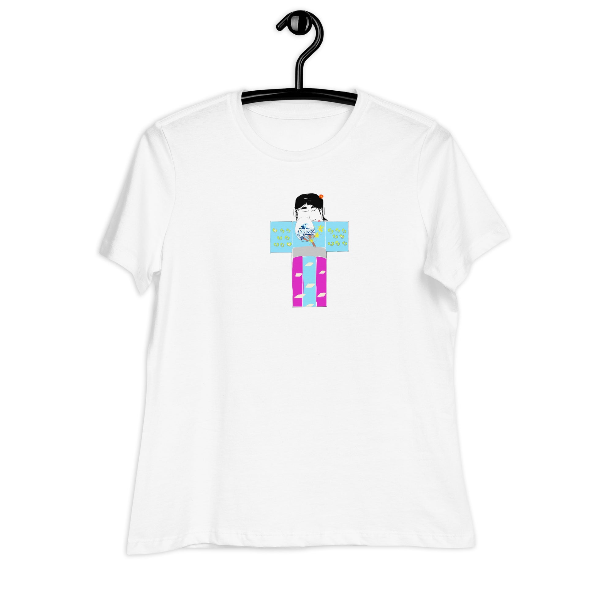 White t-shirt with a colorful yukata girl graphic on a hanger against a white background