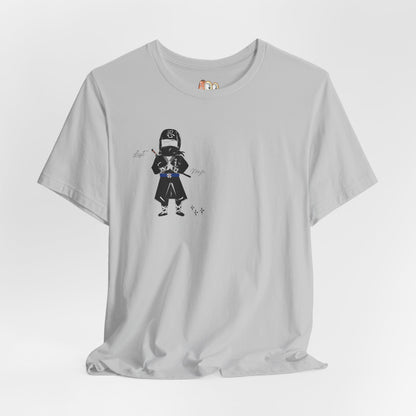 Gray t-shirt with a graphic of a playful ninja on a white background